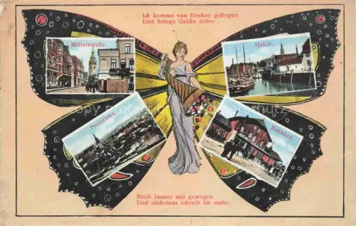 AK / Ansichtskarte Itzehoe Ich komme von Itzehoe geflogen Mittelstrasse Hafen Panorama Bahnhof Kuenstlerkarte
