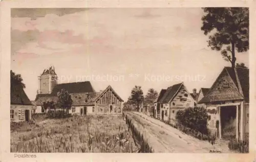 AK / Ansichtskarte Pozieres PERONNE 80 Somme Vue d'ensemble avec l'église Dessin Adrian Kuenstlerkarte Feldpost