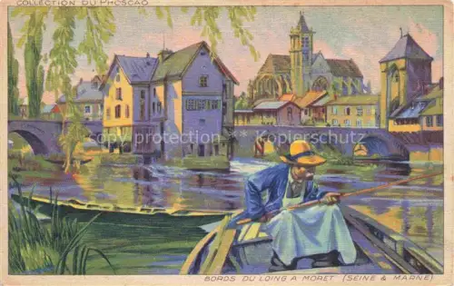 AK / Ansichtskarte Moret-sur-Loing 77 Seine-et-Marne Bords du Loing Bateau Dessin Kuenstlerkarte