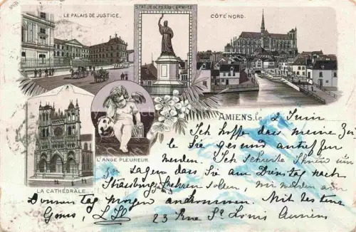 AK / Ansichtskarte AMIENS 80 Somme Palais de Justice l'Ange Pleureur la Cathédrale Statue de Pierre l'Ermite Litho