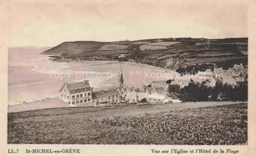 AK / Ansichtskarte St-Michel-en-Greve Lannion 22 Cotes-d Armor Vue sur l Eglise Hotel de la Plage