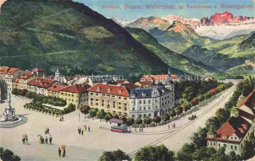 AK / Ansichtskarte Bozen  BOLZANO Suedtirol IT Walterplatz Parkstrasse Blick gegen Rosengarten Dolomiten Kuenstlerkarte Feldpost Stempel Landesschuetzenregiment Trient No. 1