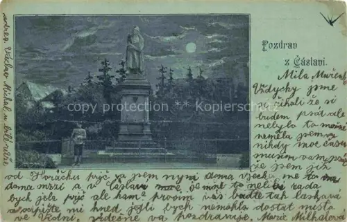 AK / Ansichtskarte Caslavi Caslav Tschaslau CZ Denkmal im Mondschein Kuenstlerkarte