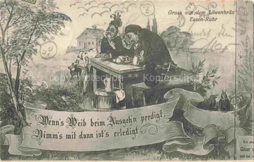 AK / Ansichtskarte EssEN  Ruhr Gaststaette Loewenbraeu Spruch Karikaturen Kuenstlerkarte