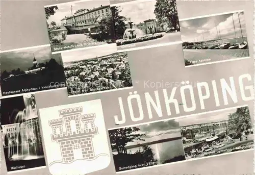 AK / Ansichtskarte Joenkoeping Sweden Stora Hotellet Restaurant Alphyddan Radhuset Stadsparken Yttre hamnen Solnedgang oever Vaettern Hamnen med Bymarken