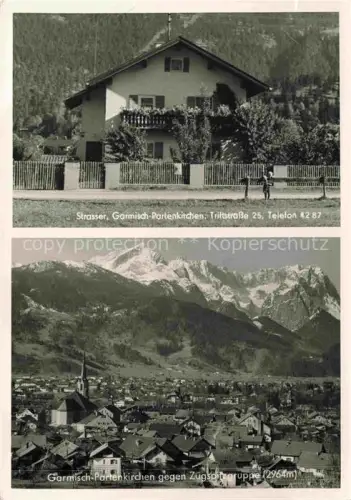 AK / Ansichtskarte GARMISCH-PARTENKIRCHEN Bayern Gaestehaus Strasser Stadtpanorama Blick gegen Zugspitzgruppe Wettersteingebirge
