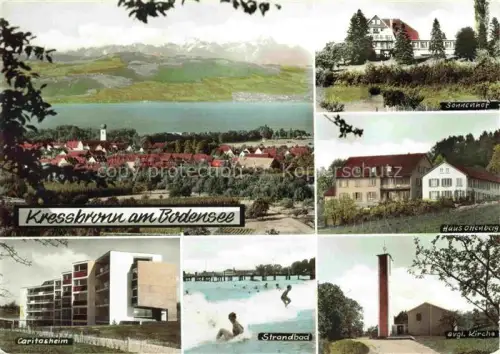 AK / Ansichtskarte Kressbronn Bodensee BW Panorama Alpenblick Hotels Haus Sonnenhof Haus Ottenberg Kirche Strandbad Caritasheim