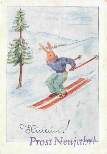 AK / Ansichtskarte Neujahr Annee New Year Hase Sky Schlitten 