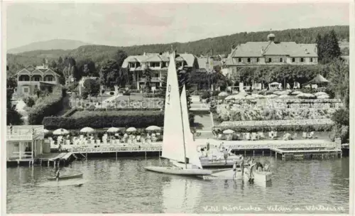 AK / Ansichtskarte Velden  Woerthersee AT Hotel Moesslacher Ansicht vom See aus Bootsanleger Segelboot