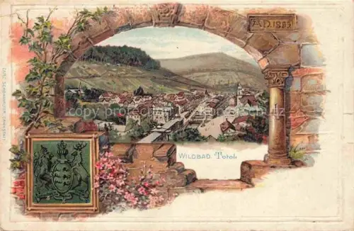 AK / Ansichtskarte WILDBAD  Bad Schwarzwald BW Panorama Torbogen Wappen Kuenstlerkarte