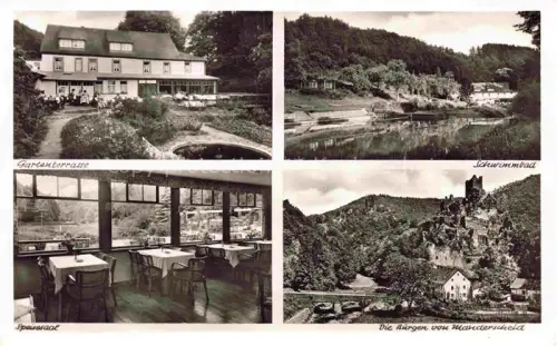 AK / Ansichtskarte Manderscheid Eifel Hotel Pension Café Heidsmuehle Speisesaal Terrasse Schwimmbad Burgen