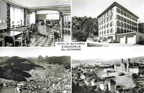 AK / Ansichtskarte EINSIEDELN  SZ Hotel St Katharina Gastraum Fliegeraufnahme Panorama