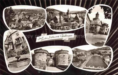 AK / Ansichtskarte Buedingen Hessen Panorama Schloss Eingang Brunnen Schwimmbad