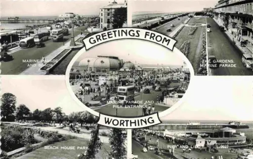 AK / Ansichtskarte Worthing  West Sussex UK Marine Parade and Beach Pier Entrance The Gardens Beach House Park Pier and Lido