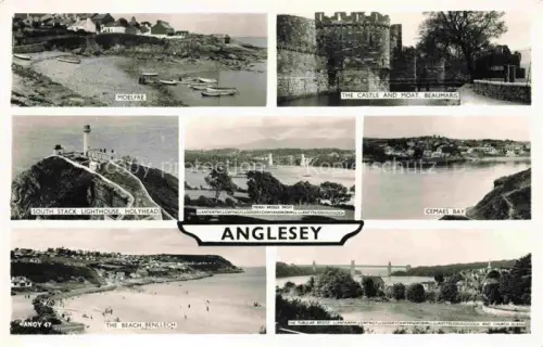 AK / Ansichtskarte Anglesey East Staffordshire UK Moelfre The Castle and Moat Beaumaris South Stack Lighthouse Cemaes Bay The Beach Benelech