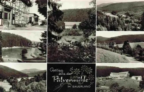 AK / Ansichtskarte Gudenhagen Brilon Hochsauerlandkreis NRW Gaststaette Zur Pulvermuehle Schwimmbad Panorama Teilansichten
