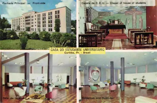 AK / Ansichtskarte Curitiba Parana Brazil Casa do Estudante Universitario Fachada Principal Capel of house of students Sala de recepcao e musica Reception and music hall