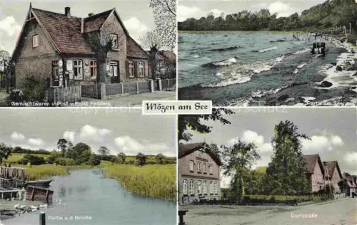 AK / Ansichtskarte Moezen am See Segeberg Schleswig-Holstein Gemischtwaren Post Partie am See Bruecke Dorfstrasse