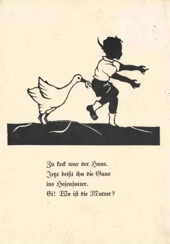 AK / Ansichtskarte Scherenschnitt-AK SCHATTENBILDKARTE Shadowbolt Kinderkarte Reihe 515 Gans beisst Jungen ins Hosenfutter Kuenstlerkarte