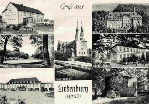 AK / Ansichtskarte Liebenburg Harz GOSLAR Niedersachsen Schule Teich Sanatorium Ev Kirche Schloss Schullandheim Alter Turm