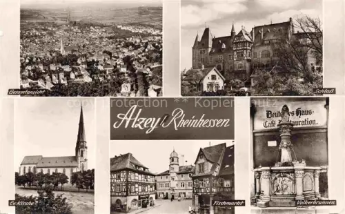 AK / Ansichtskarte Alzey Panorama Schloss Ev Kirche Fischmarkt Voelkerbrunnen