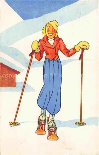AK / Ansichtskarte Skifahren Skiing Skier Skistoecke Karikatur 