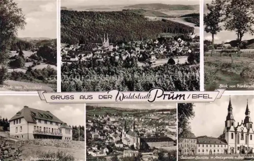 AK / Ansichtskarte Pruem Eifel Rheinland-Pfalz Blick vom Dausfeld Panorama Niederpruem Jugendherberge Salvator Basilika mit Amtsgericht und Reginosch