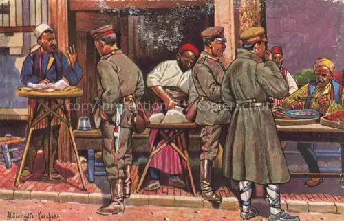 AK / Ansichtskarte LueSCHWITZ-KOREFFSKI A. Kuenstlerkarte Strassenleben in Ueskueb Skopje Soldaten 