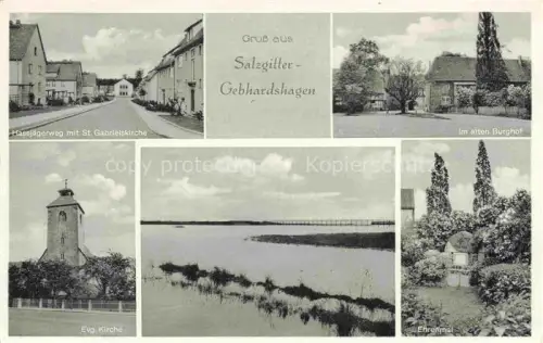 AK / Ansichtskarte Gebhardshagen Salzgitter Niedersachsen Hassjaegerweg Kirche Alter Burghof Ehrenmal Partie am Wasser