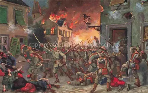AK / Ansichtskarte Muelhausen Elsass Voelkerkrieg 1914-15 Strassenkampf in Muelhausen 9. August 1914 Kuenstlerkarte