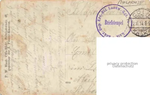 AK / Ansichtskarte Muelhausen Elsass Muelhausener Landsturm Kameraden Koeln-Kalk Kriegsjahr 1914 Feldpost