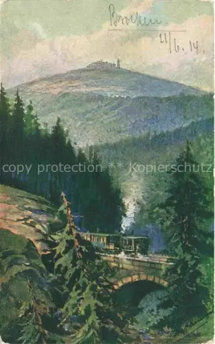 AK / Ansichtskarte BROCKEN Harz Sachsen-Anhalt Panorama Eisenbahn Blick zum Brocken Kuenstlerkarte