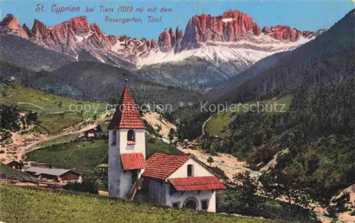 AK / Ansichtskarte St Cyprian Tiers Tires Bolzano IT Kirche Blick gegen Rosengarten Dolomiten