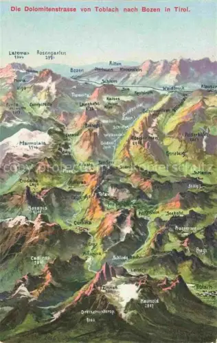 AK / Ansichtskarte Toblach Dobbiaco Pustertal Suedtirol IT Dolomitenstrasse von Toblach nach Bozen aus der Vogelperspektive Kuenstlerkarte