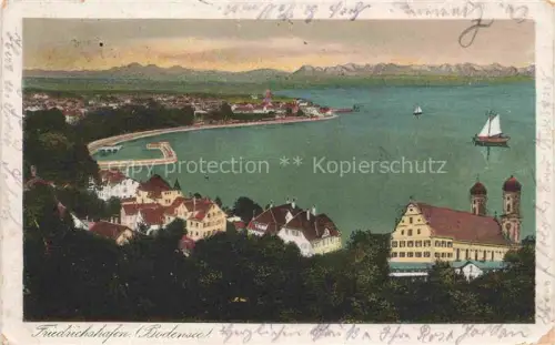 AK / Ansichtskarte FRIEDRICHSHAFEN Bodensee Teilansicht mit Kirche Blick ueber den See zu den Alpen