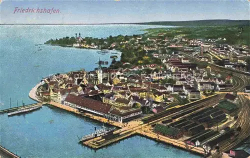 AK / Ansichtskarte FRIEDRICHSHAFEN Bodensee Panorama Hafen Eisenbahn Kuenstlerkarte aus der Vogelperspektive