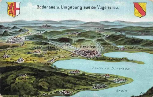 AK / Ansichtskarte Radolfzell Bodensee Bodensee und Umgebung aus der Vogelschau Kuenstlerkarte