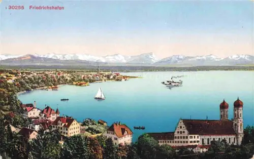AK / Ansichtskarte FRIEDRICHSHAFEN Bodensee Panorama Kirche Schweizer Alpen Kuenstlerkarte
