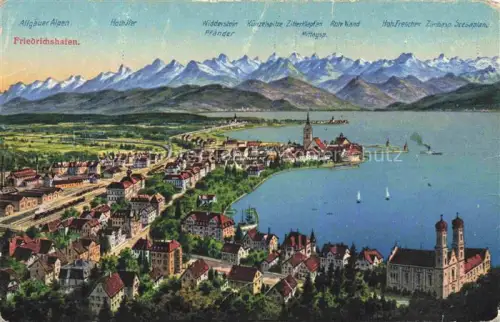 AK / Ansichtskarte FRIEDRICHSHAFEN Bodensee Panorama mit Schweizer Alpen aus der Vogelperspektive Kuenstlerkarte