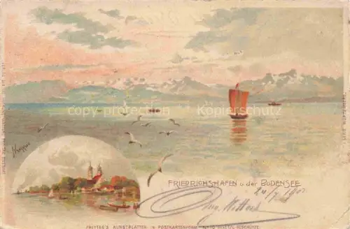 AK / Ansichtskarte FRIEDRICHSHAFEN Bodensee Teilansicht mit Kirche Segeln Alpenpanorama Kuenstlerkarte