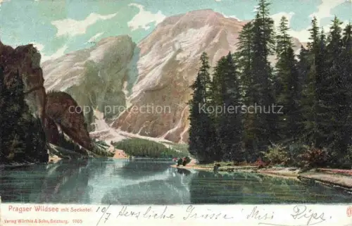 AK / Ansichtskarte Pragser Wildsee Lago di Braies 1496m Prags Braies Bolzano IT mit Seekofel Kuenstlerkarte