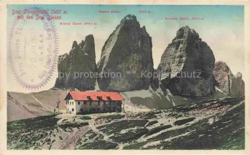 AK / Ansichtskarte Sexten Sesto Suedtirol IT Drei Zinnen-Huette mit den Drei Zinnen Dolomiten