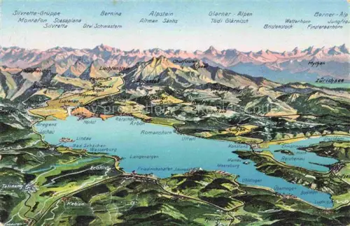AK / Ansichtskarte FRIEDRICHSHAFEN Bodensee Panoramakarte Bodensee und Umgebung Alpenpanorama Rhein aus der Vogelperspektive Photochromiekarte
