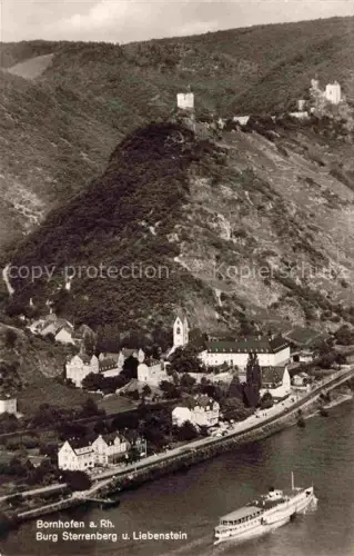 AK / Ansichtskarte Bornhofen Kamp Rhein Rheinland-Pfalz Fliegeraufnahme mit Burg Sterrenberg und Liebenstein