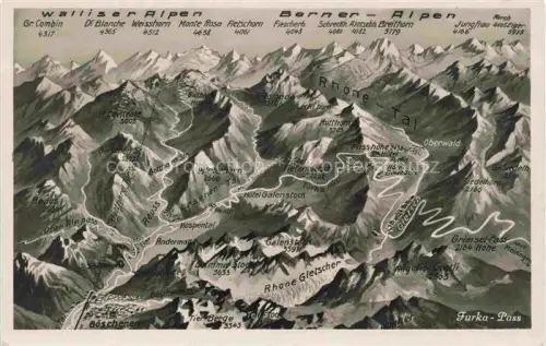 AK / Ansichtskarte Furkapass Panoramakarte mit Walliser und Berner Alpen