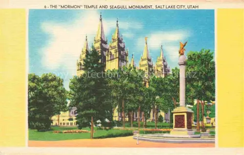 AK / Ansichtskarte Salt Lake City Utah USA The Mormon Temple and Seagull Monument Illustration