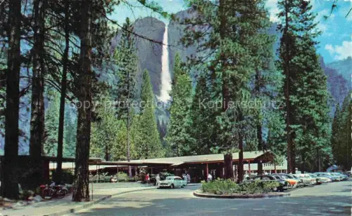 AK / Ansichtskarte Yosemite-National Park California USA Entrance to Yosemite Lodge and upper Yosemite Fall