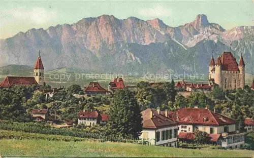 AK / Ansichtskarte THUN Thoune BE Schlossund Kirche mit der Stockhornkette