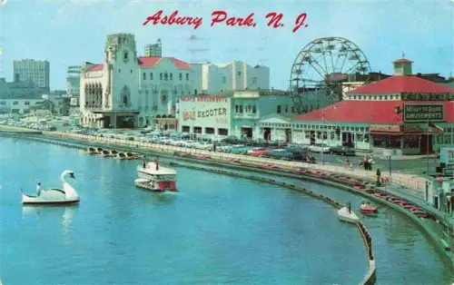 AK / Ansichtskarte New Jersey US-State Swan and River Boat Traveling on Wesley Lake Asbury Park
