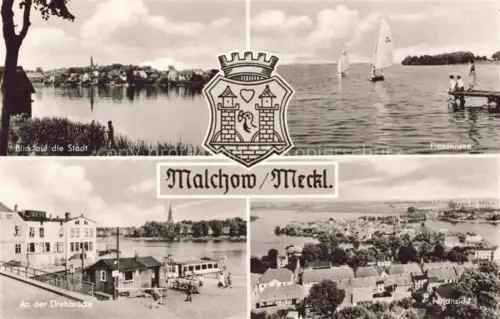 AK / Ansichtskarte Malchow Uferpartie am See Blick auf die Stadt Fleesensee Badesteg Drehbruecke Panorama